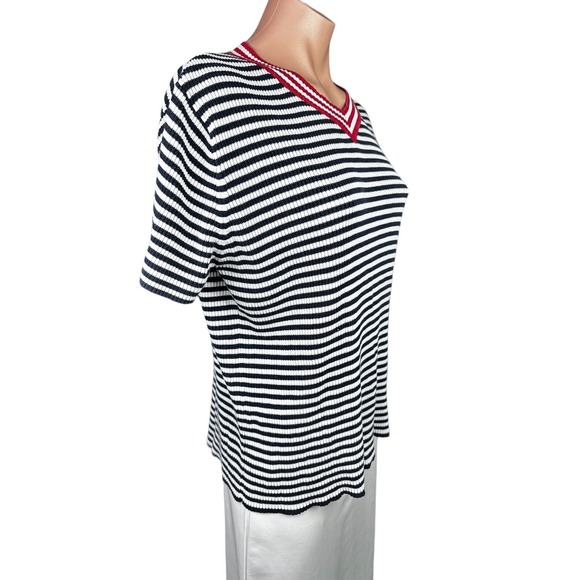 Tommy Hilfiger Womans Pullover Knit Top Size L Blue & White Stripe Short Sleeve - Picture 2 of 5